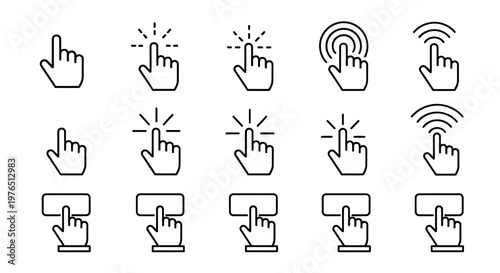 Set of hand cursor icons demonstrating click actions for user interface design.