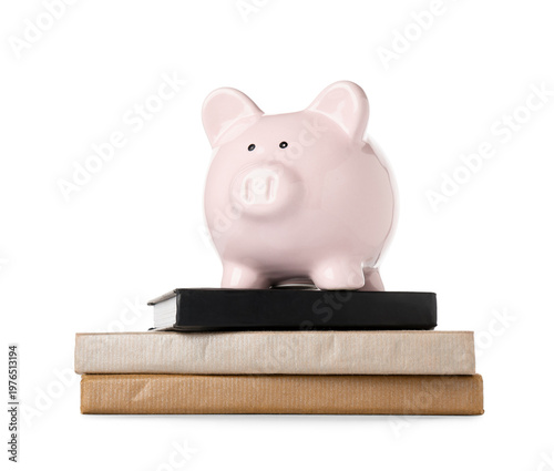 Piggy bank with books on wh...