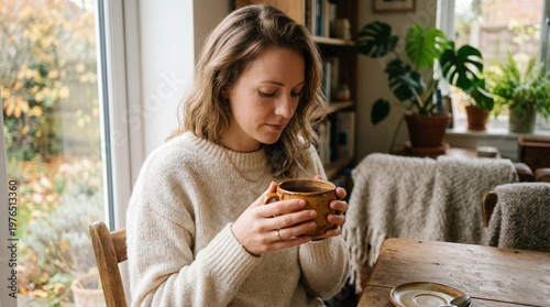 A woman in a soft cream sweater, holding a warm ceramic mug with both hands