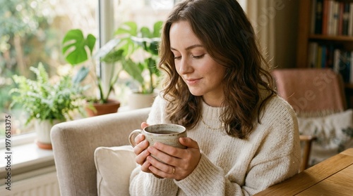 A woman in a soft cream sweater, holding a warm ceramic mug with both hands