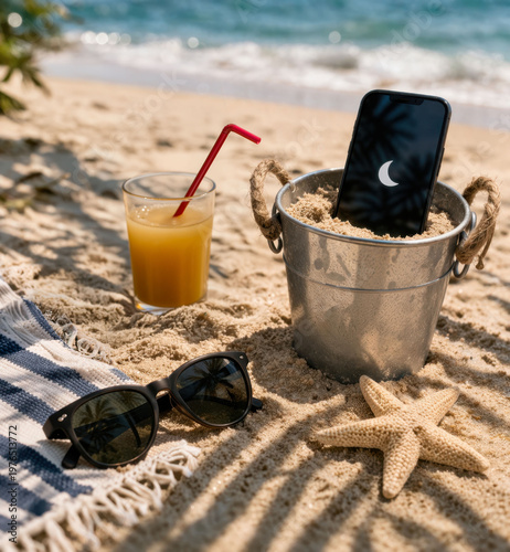 Summer beach still life showing sunglasses, starfish and smartphone set to silent mode in sand. Concept of digital detox, relaxation, vacation time, technology balance, disconnecting from work stress.