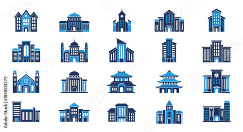 Collection of blue architectural building icons in a grid layout.