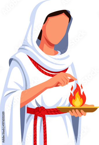 Ancient Priestess in White Tunic Holding Sacred Fire Ritual Vector