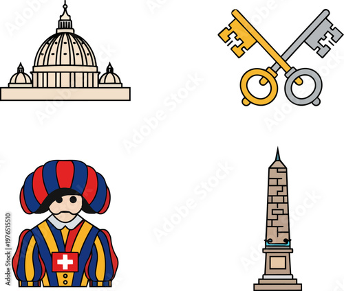 Vatican City Landmark Icons with Swiss Guard and St Peter Basilica