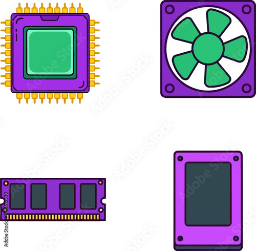 Purple Computer Hardware Icons Set with CPU Cooling Fan RAM and SSD