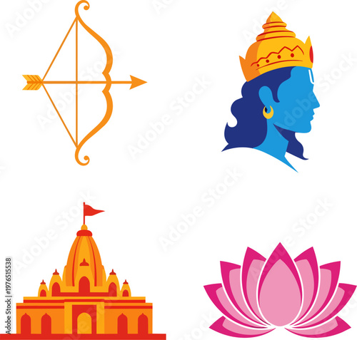 Lord Rama Religious Symbols Set with Temple Bow and Lotus Flower