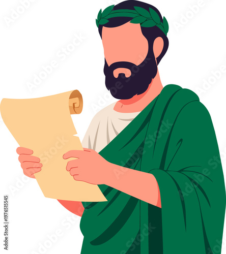 Ancient Greek Philosopher with Laurel Wreath Reading Paper Scroll
