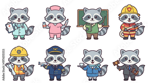 Set of funny cartoon animals featuring a cute raccoon, character collection in a vector illustration Animal in Uniform, Doctor, Nurse, Firefighter, Air Hostess, Flight Captain, Teacher, Engineer