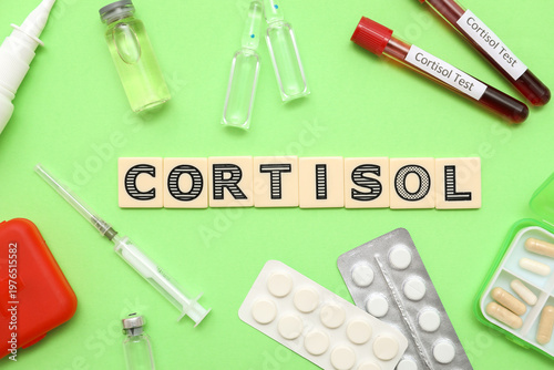 Word CORTISOL with pills, a...