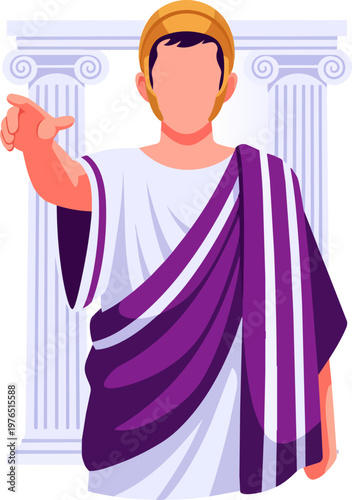 Roman Senator in Traditional Toga Pointing with Ancient Greek Columns
