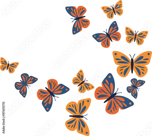 Colorful butterfly group with orange and blue wings flying in flat minimal style vector illustration