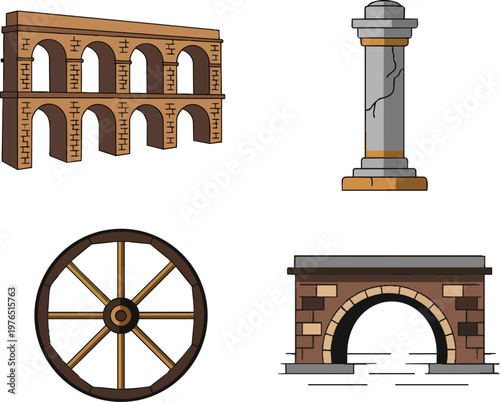 Ancient Roman Architecture Set with Aqueduct Bridge and Stone Column
