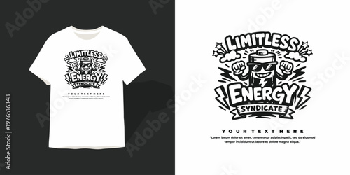 Limitless Energy Syndicate Cartoon Battery T-shirt Design Illustration