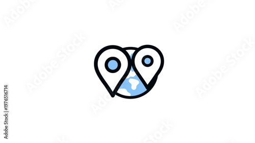 Global location pins on world map icon. International travel, navigation, worldwide business, and communication concept vector.