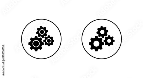 Cogwheel gear icon in circular outline. Settings mechanism symbol. Configuration symbol