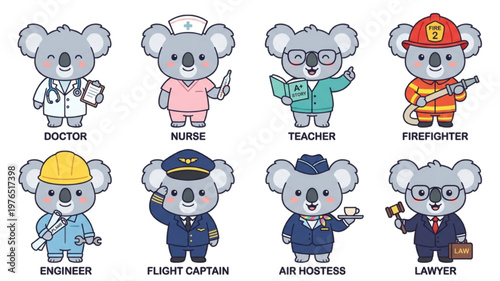 Set of funny cartoon animals featuring a cute koala, character collection in a vector illustration Animal in Uniform, Doctor, Nurse, Firefighter, Air Hostess, Flight Captain, Teacher, Engineer