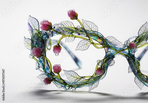 Intricate eyewear shaped like sprawling translucent vines and budding flora, showcasing a seamless fusion of high fashion and organic nature, botany, ethereal, bloom