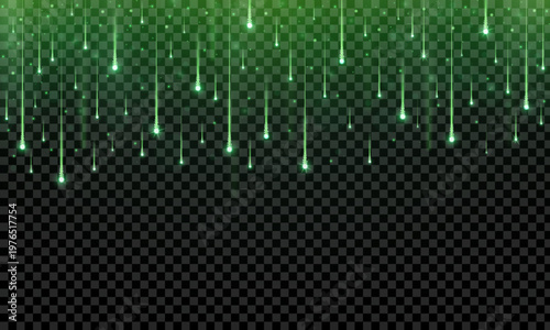 Realistic green starfall isolated on transparent background. Stars, glitter, sparkles fireworks falling down. Festive celebration element. Vector illustration