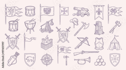 A detailed collection of medieval warfare and heraldry symbols, including flags, weapons, armor, and siege engines, rendered in a vintage illustration style.