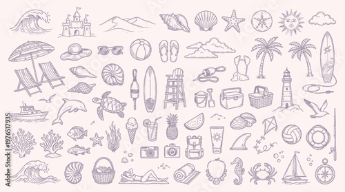 A comprehensive collection of hand-drawn summer vacation and beach-themed icons, perfect for design projects.