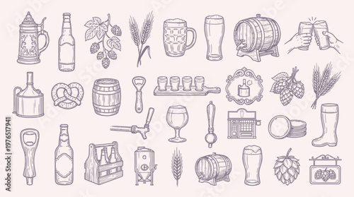 A detailed collection of hand-drawn illustrations depicting various elements related to beer and brewing, including bottles, barrels, hops, and glasses.