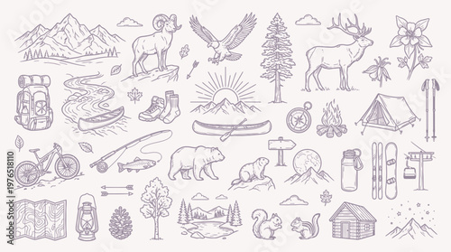 A comprehensive collection of hand-drawn illustrations depicting various elements of outdoor adventure and nature, including wildlife, landscapes, and recreational activities.