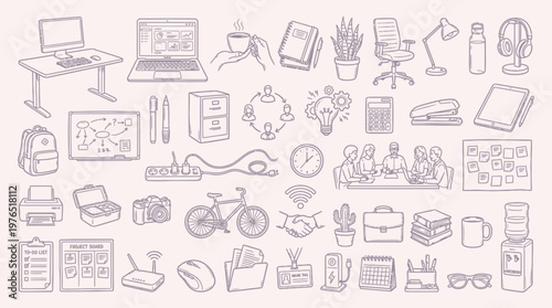 A comprehensive collection of hand-drawn icons representing various aspects of office life, business, and technology.