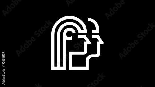 Abstract minimalist line art illustration of two human face profiles, white on black, symbolizing connection, thought, or communication.