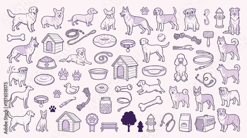 A comprehensive collection of hand-drawn illustrations featuring various dog breeds and essential pet care items, presented in a charming, monochromatic style.