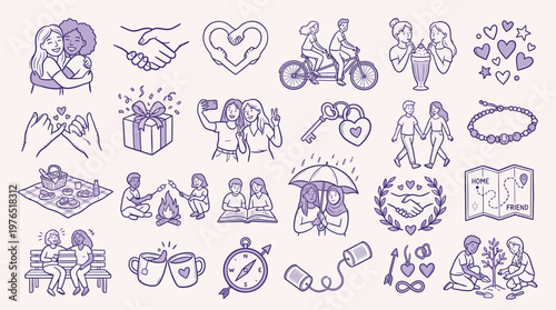 Slika na platnu A collection of hand-drawn illustrations depicting various aspects of friendship, love, and companionship, including shared activities and emotional connections