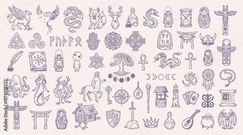 A comprehensive collection of hand-drawn, intricate line art illustrations featuring a wide array of mystical, mythological, and symbolic elements.