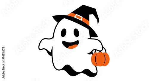 Smiling ghost in witch hat.