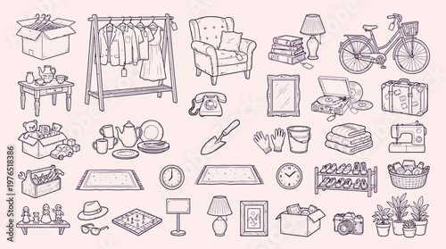 A charming hand-drawn illustration featuring a diverse collection of household items, furniture, and decorative objects, perfect for a flea market or garage sale theme.