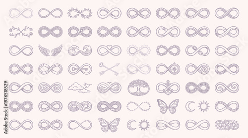 A comprehensive collection of intricately designed infinity symbols, showcasing a variety of artistic embellishments and decorative elements.