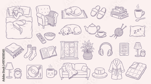 A charming collection of cozy home and relaxation elements, including sleeping figures, pets, books, and comfort items, presented in a soft, illustrative style.