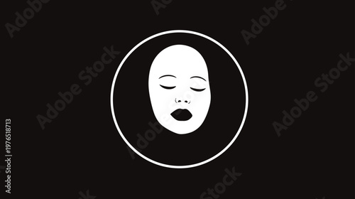 Minimalist Sleeping Face Icon in White Circle on Black Background - Calmness, Peace, Relaxation, Meditation