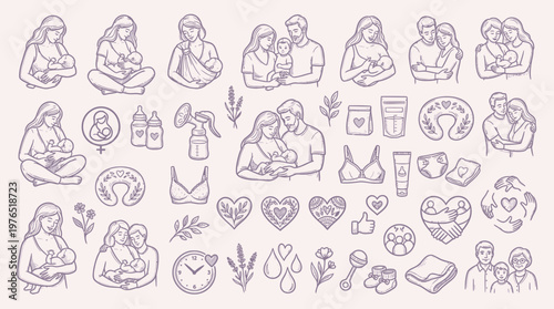 A collection of hand-drawn illustrations depicting various aspects of motherhood, breastfeeding, and family bonding, presented in a gentle, sketch-like style.