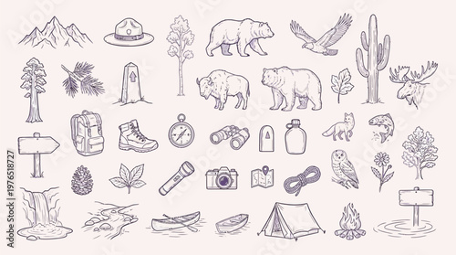 A comprehensive collection of hand-drawn illustrations depicting various elements of nature, wildlife, and outdoor adventure activities.