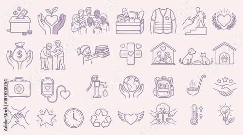 A collection of hand-drawn icons representing various aspects of charity, community support, and humanitarian aid, including donations, volunteering, and care.