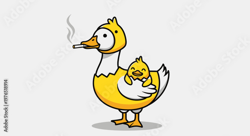 Playful cartoon adult and baby duck with cigarette in beak in a whimsical illustration.
