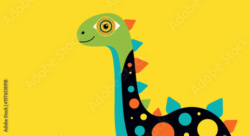 Vibrant yellow cartoon dinosaur illustration with colorful spots and friendly expression for kids.