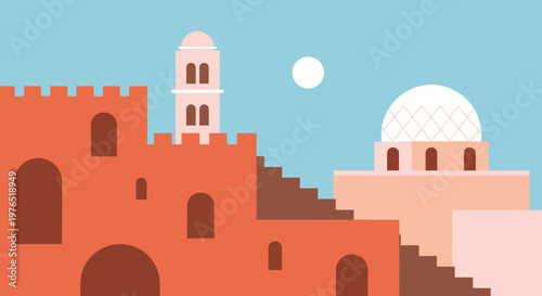 Colorful stylized illustration of ancient fortress walls with domes and towers against a blue sky.