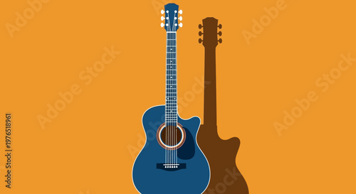 Two Blue Acoustic Guitars Casting Shadow on a Bright Orange Background.