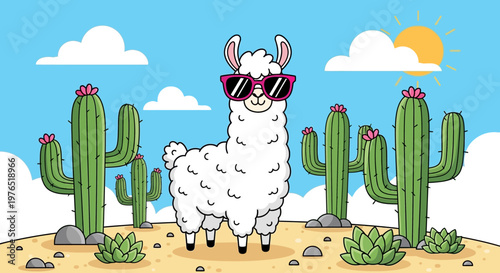 Cartoon Llama in Sunny Desert Among Cacti and Clouds.