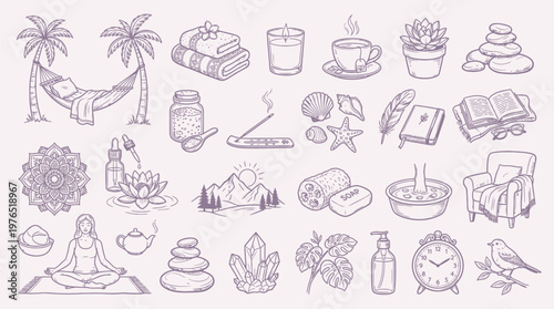 A collection of hand-drawn illustrations depicting elements of relaxation, wellness, and nature, including a hammock, spa items, plants, and meditation symbols.