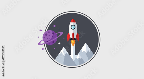 Rocket Launch Scene Over Snowy Mountain Peak With Planetary Orbit Artwork.