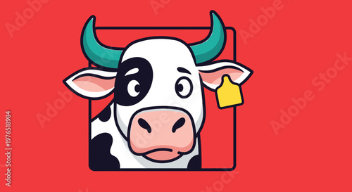 Playful cartoon cow portrait with bold red background and farmyard charm.