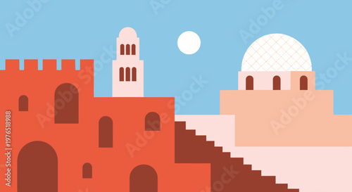 Stylized red fortress and white domed buildings against blue sky, illustrating architectural landscape.