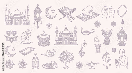 A detailed collection of Islamic cultural and religious symbols, including mosques, prayer mats, the Quran, lanterns, and decorative elements.