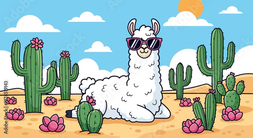 Playful cartoon llama relaxing in a sunny desert with cactus friends.